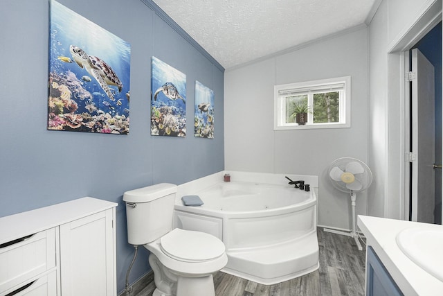 797 Beaver Rd, Bitely, MI 49309 - bathroom with vanity, wood finished floors, crown molding, a whirlpool tub, and a textured ceiling