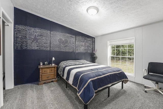 797 Beaver Rd, Bitely, MI 49309 - carpeted bedroom featuring a textured ceiling and ornamental molding