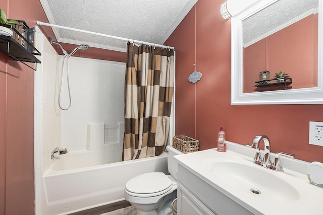 797 Beaver Rd, Bitely, MI 49309 - full bathroom with a textured ceiling, vanity, shower / bath combination with curtain, and crown molding