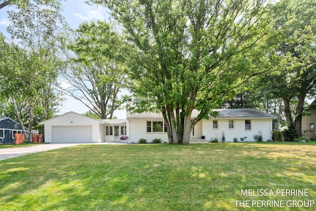 116 Loch Lomond Ave NE, Grand Rapids, MI 49546 - ranch-style home with driveway, an attached garage, a front lawn, and a chimney