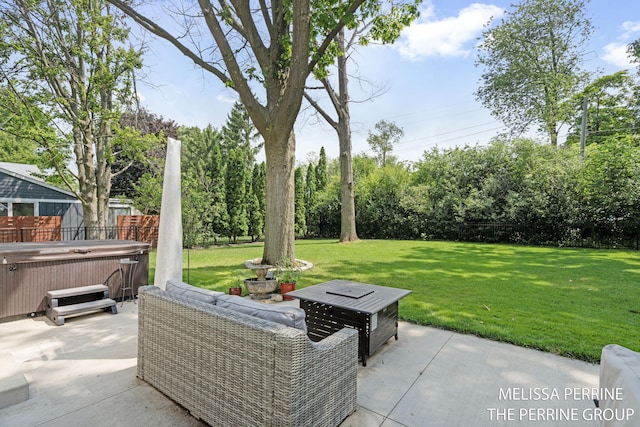 116 Loch Lomond Ave NE, Grand Rapids, MI 49546 - fenced backyard featuring a hot tub, a patio area, and view of scattered trees