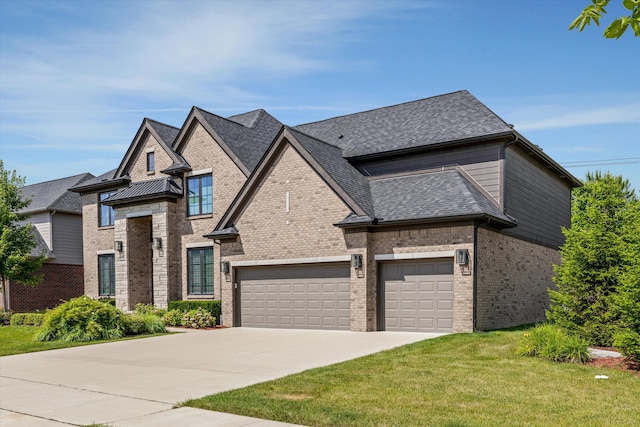 3909 Sandpiper Dr, Troy, MI 48083 - french country inspired facade with brick siding, a front lawn, driveway, a shingled roof, and an attached garage