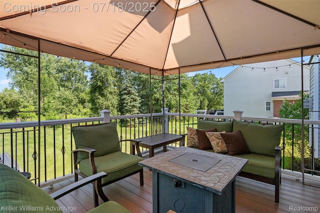25506 Stanley Ln, South Lyon, MI 48178 - deck with an outdoor hangout area, a yard, and view of scattered trees