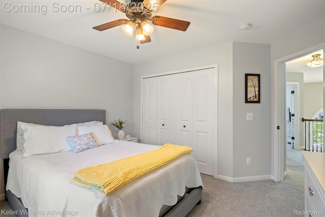 25506 Stanley Ln, South Lyon, MI 48178 - bedroom featuring light carpet, a closet, and a ceiling fan