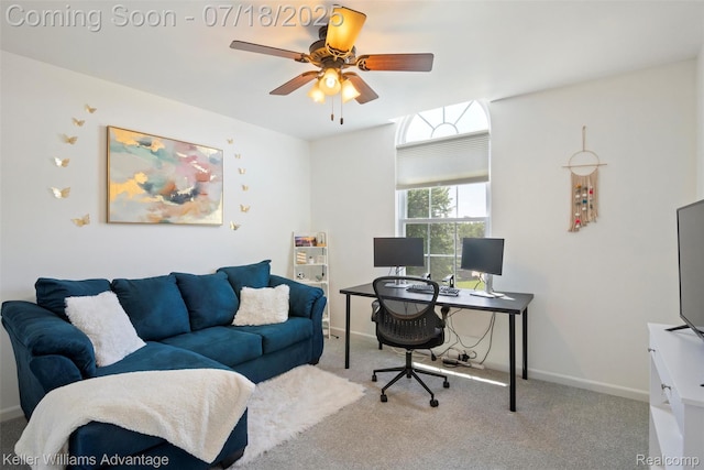 25506 Stanley Ln, South Lyon, MI 48178 - carpeted home office featuring a ceiling fan and baseboards