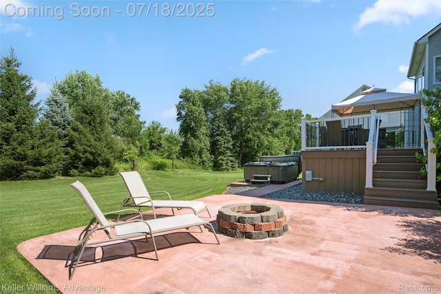 25506 Stanley Ln, South Lyon, MI 48178 - view of patio / terrace with a hot tub, a fire pit, and a deck