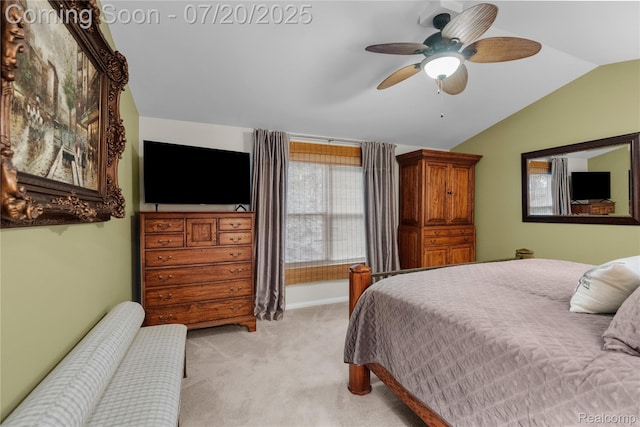 9589 Wellington Ct, Clarkston, MI 48348 - bedroom with light colored carpet, lofted ceiling, and a ceiling fan