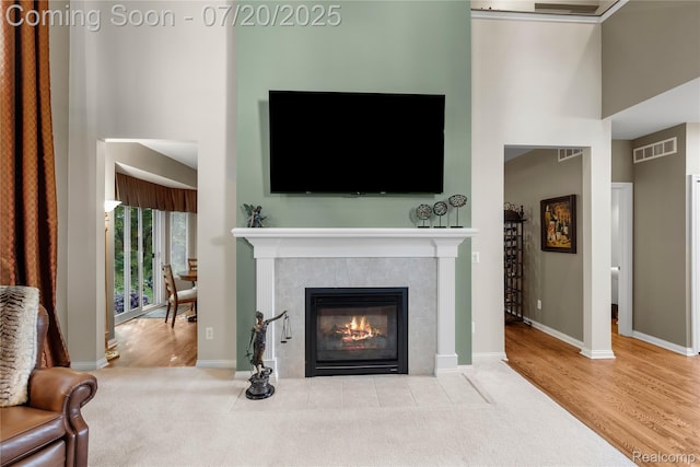 9589 Wellington Ct, Clarkston, MI 48348 - detailed view of a tiled fireplace, carpet flooring, and wood finished floors