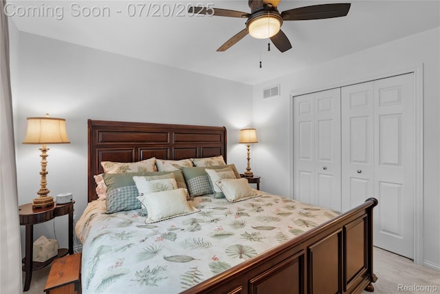 9589 Wellington Ct, Clarkston, MI 48348 - bedroom with light carpet, a closet, and a ceiling fan