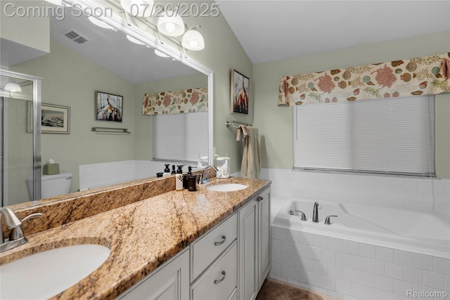 9589 Wellington Ct, Clarkston, MI 48348 - full bathroom with vaulted ceiling, a bath, double vanity, and a shower with shower door