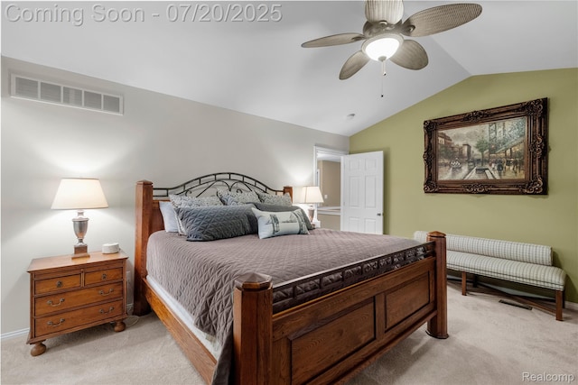 9589 Wellington Ct, Clarkston, MI 48348 - bedroom featuring light carpet, vaulted ceiling, and a ceiling fan