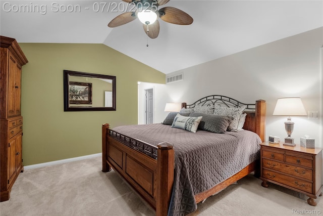 9589 Wellington Ct, Clarkston, MI 48348 - bedroom featuring light colored carpet, vaulted ceiling, and a ceiling fan