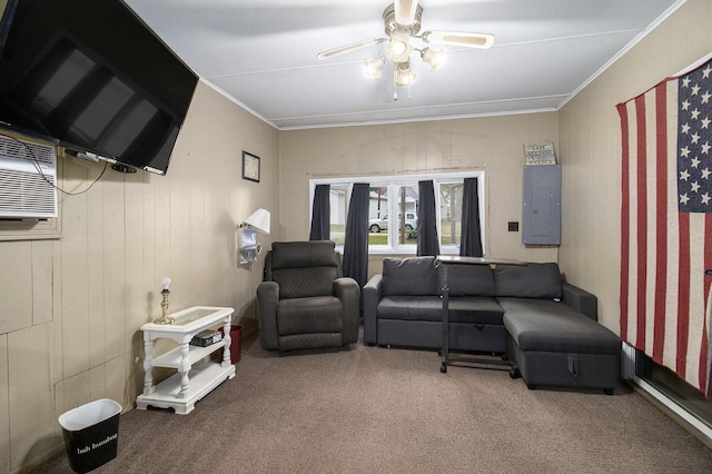 435 Pettibone Dr, Bitely, MI 49309 - living room with electric panel, carpet flooring, a ceiling fan, and crown molding