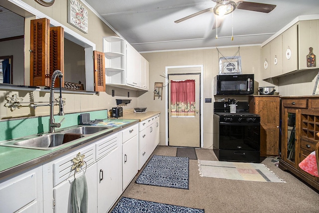 435 Pettibone Dr, Bitely, MI 49309 - kitchen with black appliances, open shelves, a ceiling fan, white cabinetry, and ornamental molding