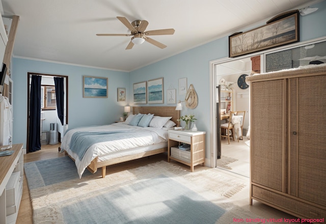 435 Pettibone Dr, Bitely, MI 49309 - bedroom featuring ornamental molding, light wood-type flooring, and ceiling fan