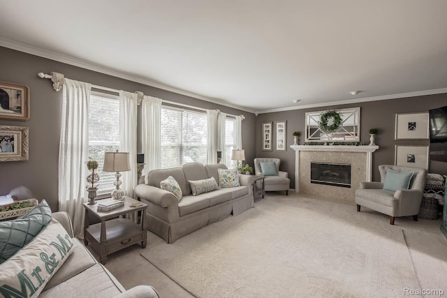 4500 Red Oak Blvd, Waterford, MI 48329 - living room with light carpet, a high end fireplace, and ornamental molding