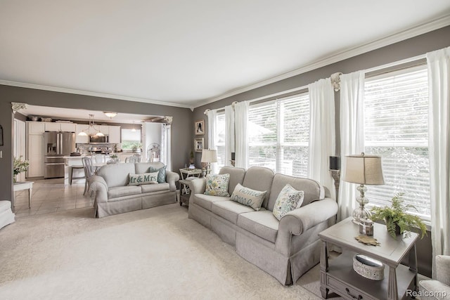 4500 Red Oak Blvd, Waterford, MI 48329 - living room featuring ornamental molding, a chandelier, and light carpet
