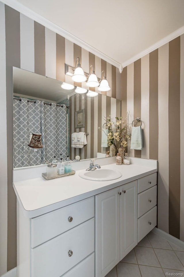4500 Red Oak Blvd, Waterford, MI 48329 - full bathroom with vanity, wallpapered walls, tile patterned floors, and crown molding