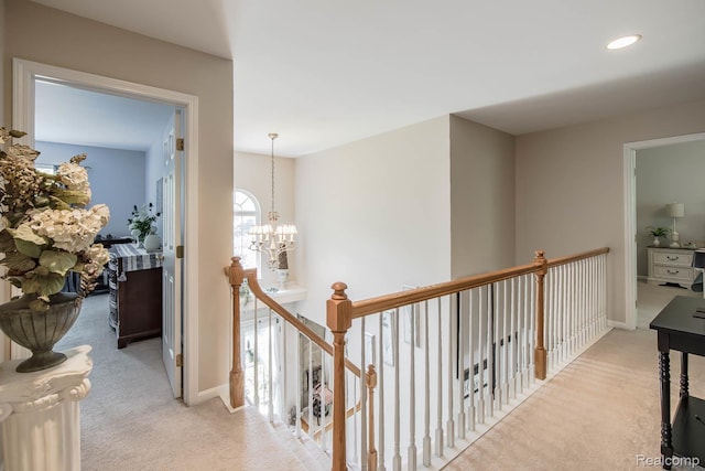 4500 Red Oak Blvd, Waterford, MI 48329 - corridor with an upstairs landing, carpet floors, a chandelier, and recessed lighting