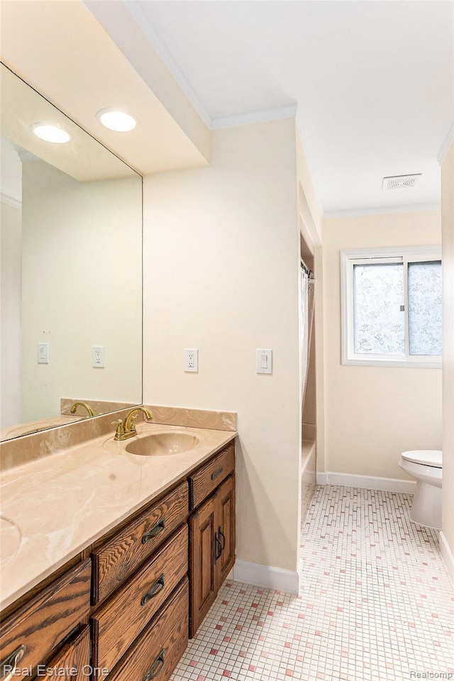 3408 Ardmore Dr, Troy, MI 48083 - full bath featuring double vanity, crown molding, and shower / bathtub combination with curtain