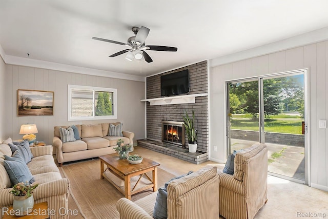 3408 Ardmore Dr, Troy, MI 48083 - living room with plenty of natural light, a brick fireplace, and ceiling fan