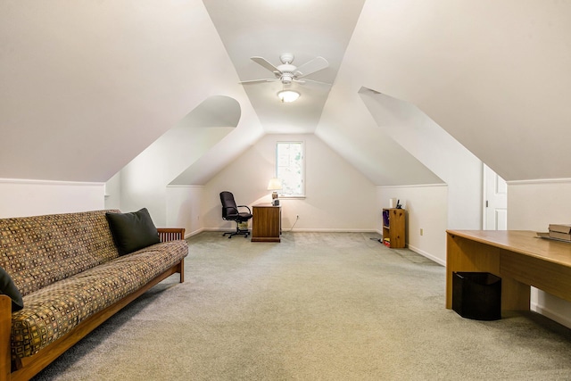 2736 Aspen Ct, Ann Arbor, MI 48108 - living area with carpet flooring, a desk, a ceiling fan, and vaulted ceiling