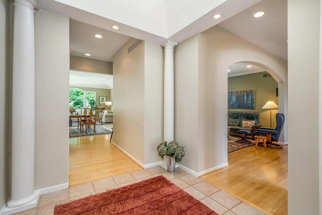 2736 Aspen Ct, Ann Arbor, MI 48108 - corridor with tile patterned floors, recessed lighting, decorative columns, and arched walkways