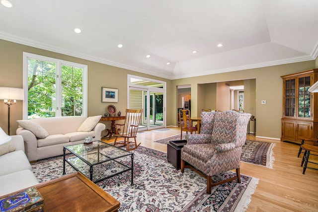 2736 Aspen Ct, Ann Arbor, MI 48108 - living room featuring light wood-style flooring, ornamental molding, and recessed lighting