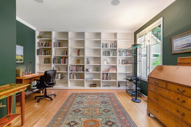 2736 Aspen Ct, Ann Arbor, MI 48108 - office space with ornamental molding, wood finished floors, and built in shelves