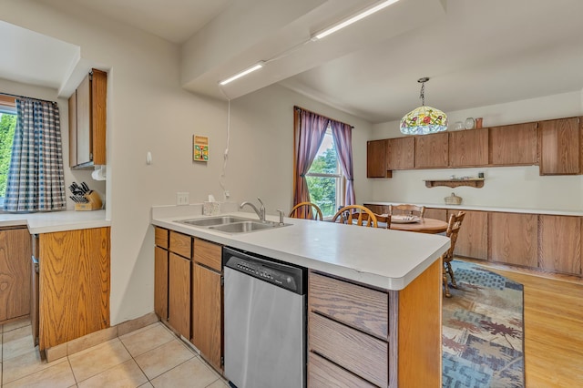 2050 S Wagner Rd, Ann Arbor, MI 48103 - kitchen with stainless steel dishwasher, a peninsula, light countertops, and brown cabinetry