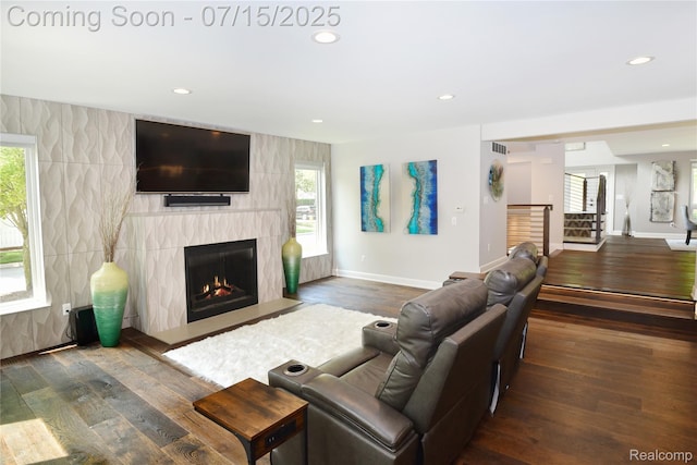 591 Wallace St, Birmingham, MI 48009 - living area with stairway, a premium fireplace, hardwood / wood-style floors, recessed lighting, and healthy amount of natural light