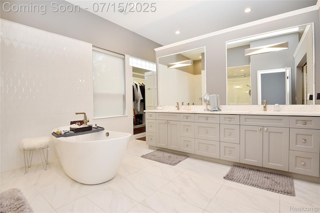 591 Wallace St, Birmingham, MI 48009 - full bath with double vanity, a shower stall, a soaking tub, marble look tile flooring, and recessed lighting
