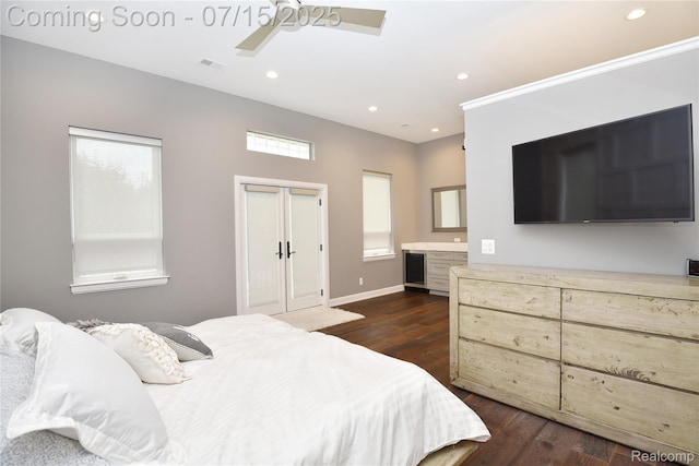 591 Wallace St, Birmingham, MI 48009 - bedroom with dark wood-style flooring, recessed lighting, a ceiling fan, wine cooler, and connected bathroom
