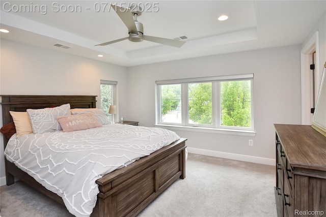 591 Wallace St, Birmingham, MI 48009 - bedroom featuring a tray ceiling, recessed lighting, light colored carpet, and a ceiling fan