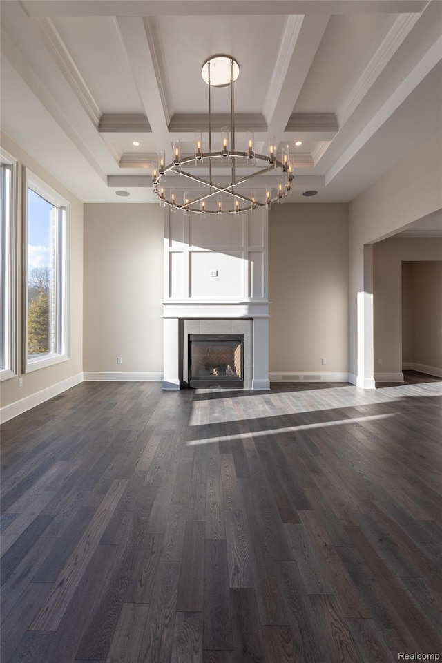 2599 Forest Glen Ct, Rochester, MI 48306 - unfurnished living room featuring ornamental molding, coffered ceiling, a chandelier, beam ceiling, and dark wood-style flooring