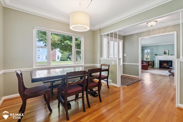 501 Lafayette St, Flint, MI 48503 - dining room with light wood-style flooring, a glass covered fireplace, and crown molding