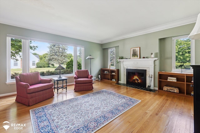 501 Lafayette St, Flint, MI 48503 - living room with a tile fireplace, wood finished floors, and crown molding