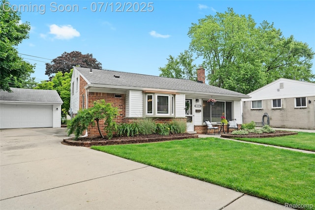1450 N Stephen Ave, Clawson, MI 48017 - ranch-style house featuring a chimney, a front lawn, brick siding, covered porch, and an outbuilding