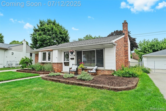 1450 N Stephen Ave, Clawson, MI 48017 - ranch-style home with brick siding, a chimney, and a detached garage