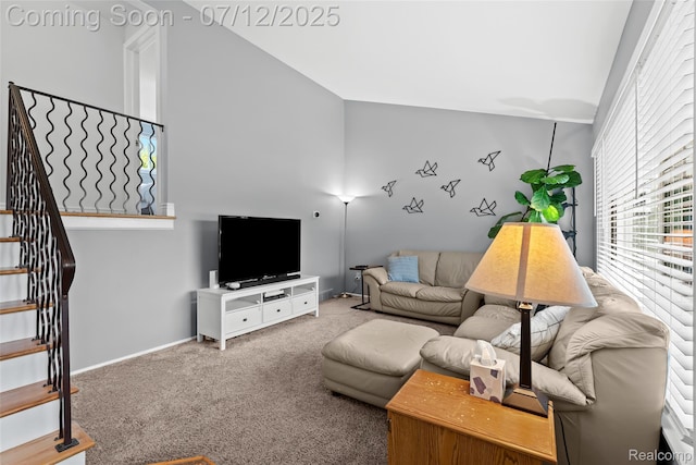 1450 N Stephen Ave, Clawson, MI 48017 - carpeted living room featuring high vaulted ceiling and stairs
