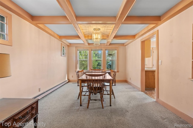 23123 E 13 Mile Rd, Saint Clair Shores, MI 48082 - dining space with a baseboard heating unit, carpet floors, coffered ceiling, a chandelier, and beam ceiling