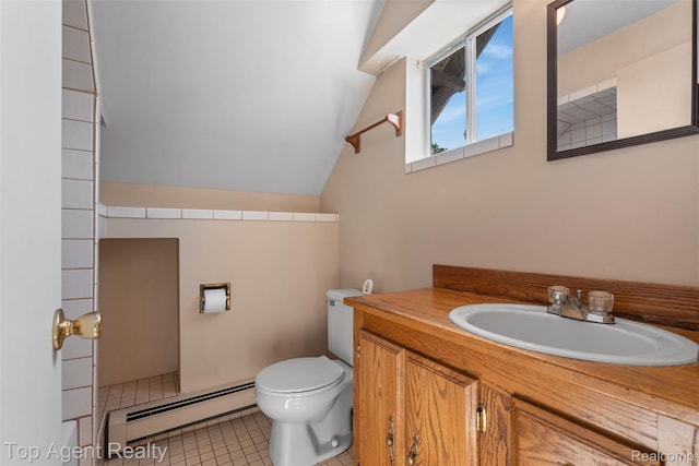 23123 E 13 Mile Rd, Saint Clair Shores, MI 48082 - bathroom featuring a baseboard heating unit, vanity, tile patterned floors, and vaulted ceiling