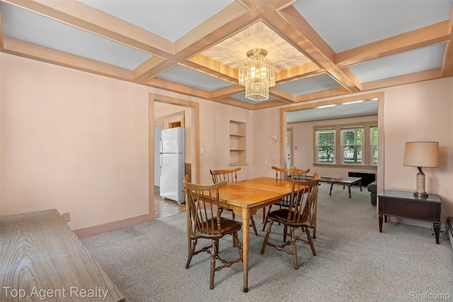 23123 E 13 Mile Rd, Saint Clair Shores, MI 48082 - dining room with a chandelier, carpet flooring, coffered ceiling, built in features, and beam ceiling