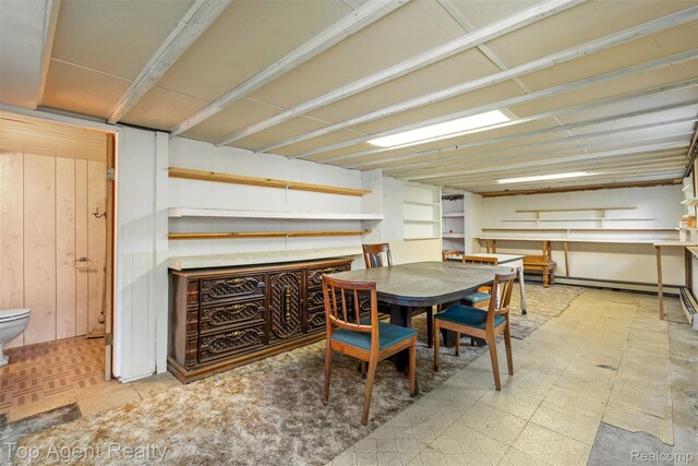 23123 E 13 Mile Rd, Saint Clair Shores, MI 48082 - dining space with wood walls and a baseboard radiator