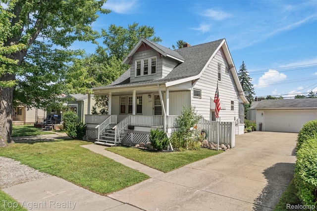 23123 E 13 Mile Rd, Saint Clair Shores, MI 48082 - bungalow-style house featuring covered porch, a shingled roof, a front yard, a detached garage, and an outbuilding