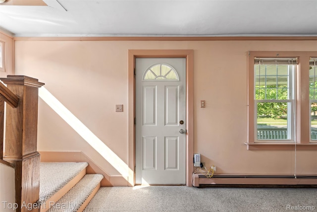 23123 E 13 Mile Rd, Saint Clair Shores, MI 48082 - carpeted foyer entrance with a baseboard radiator and stairway