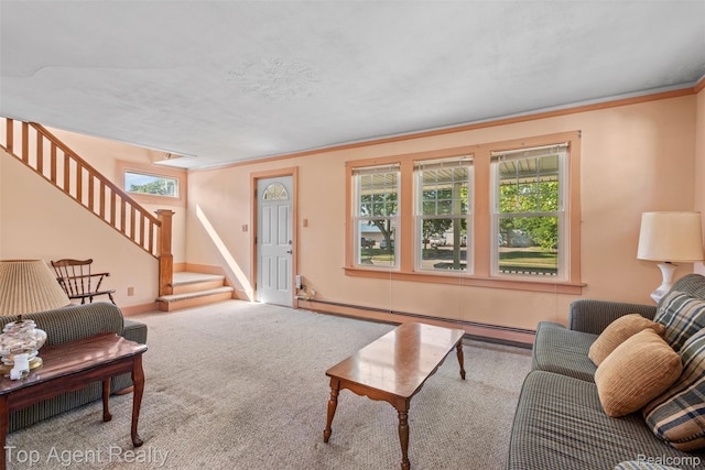 23123 E 13 Mile Rd, Saint Clair Shores, MI 48082 - carpeted living room with a baseboard radiator, stairway, and crown molding