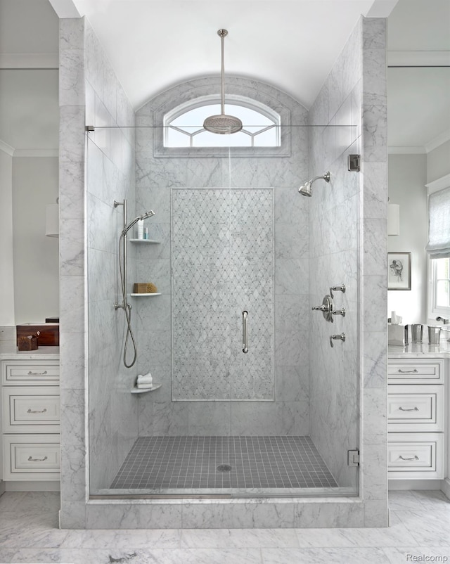 160 Darling Dr, Lake Orion, MI 48362 - full bath featuring marble look tiles, a shower stall, vanity, and crown molding