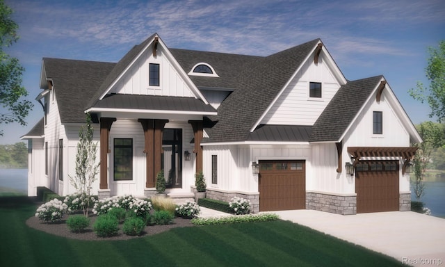 160 Darling Dr, Lake Orion, MI 48362 - modern farmhouse style home featuring board and batten siding, a shingled roof, driveway, a standing seam roof, and an attached garage