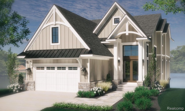 160 Darling Dr, Lake Orion, MI 48362 - view of front of house featuring french doors, board and batten siding, a shingled roof, and stone siding